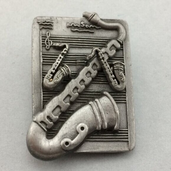 Vintage Pewter Saxophone Stud Earrings in Brooch Pin Music Torino MISSING Items - Picture 1 of 11